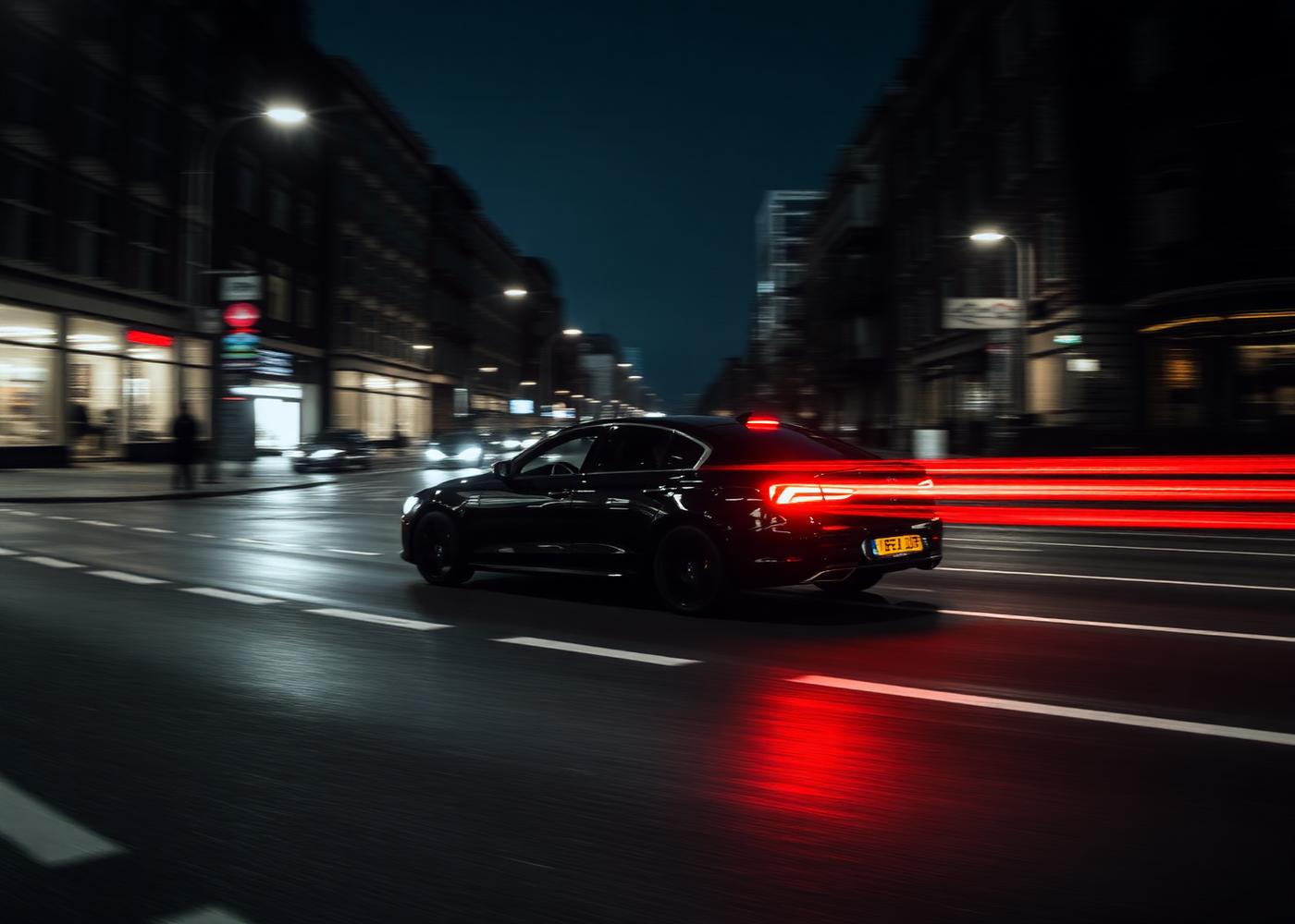 Black car at night with red light trails